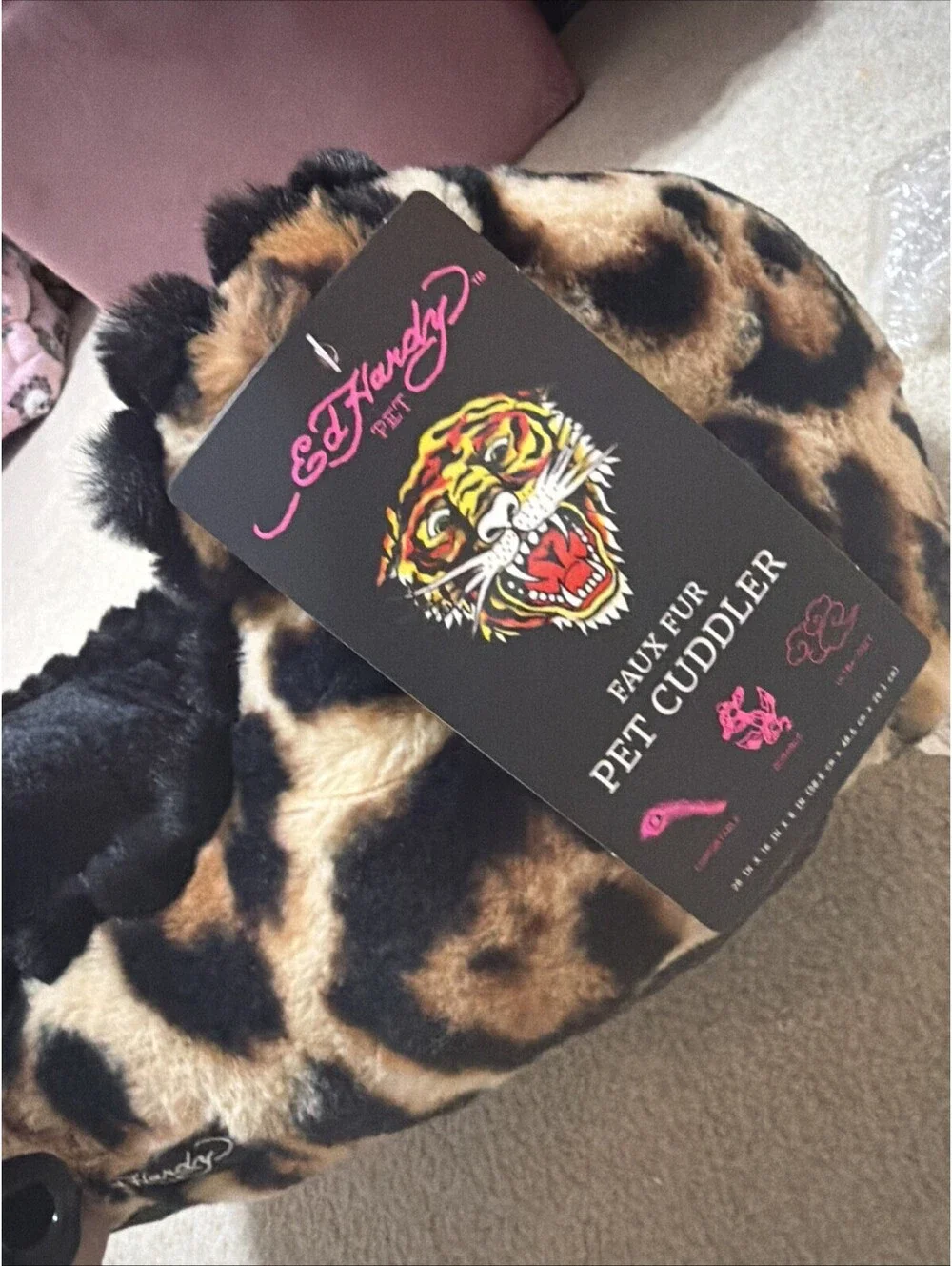 Ed Hardy Faux Fur Pet Cuddler Dog Bed Small S Leopard Print Cushioned